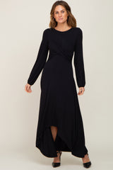 Black Twisted Long Sleeve Hi-Low Hem Maxi Dress