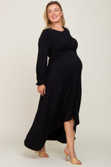 Black Twisted Long Sleeve Hi-Low Hem Plus Maternity Maxi Dress