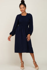 Navy Smocked Long Sleeve Midi Dress