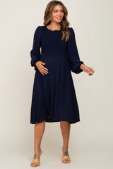 Navy Smocked Long Sleeve Maternity Midi Dress