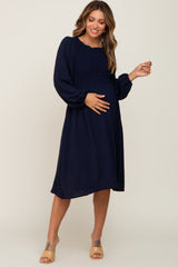 Navy Smocked Long Sleeve Maternity Midi Dress