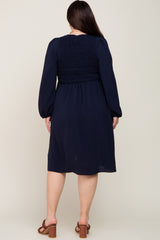 Navy Smocked Long Sleeve Plus Midi Dress