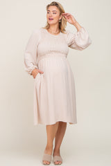 Taupe Smocked Long Sleeve Maternity Plus Midi Dress