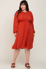 Rust Smocked Long Sleeve Maternity Plus Midi Dress