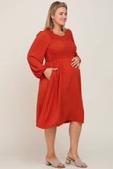 Rust Smocked Long Sleeve Maternity Plus Midi Dress