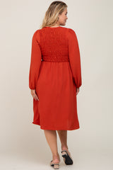 Rust Smocked Long Sleeve Maternity Plus Midi Dress