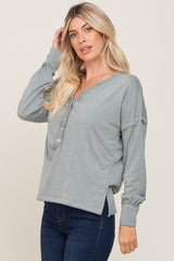 Sage Button Front Terry Long Sleeve Top