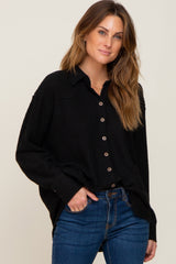 Black Waffle Knit Button Down Top