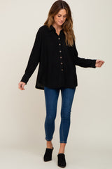 Black Waffle Knit Button Down Top