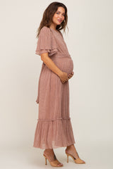 Mauve Pleated Shimmer Maternity Midi Dress