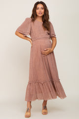 Mauve Pleated Shimmer Maternity Midi Dress