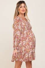 Taupe Floral Chiffon Smocked Ruffle Hem Maternity Dress