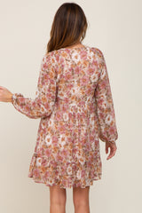 Taupe Floral Chiffon Smocked Ruffle Hem Dress