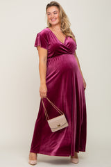 Magenta Velvet Plus Maternity Wrap Maxi Dress