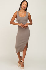 Taupe Knit Fitted Midi Dress