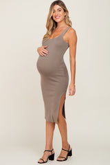 Taupe Knit Fitted Maternity Midi Dress