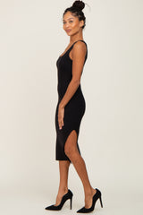 Black Knit Fitted Midi Dress