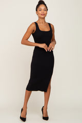 Black Knit Fitted Midi Dress