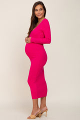 Fuchsia V-Neck Long Sleeve Fitted Maternity Maxi Dress