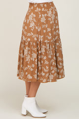 Camel Floral Smocked Maternity Midi Skirt