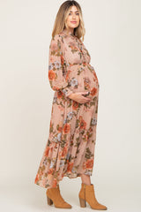 Mauve Floral Chiffon Ruffle Accent Maternity Dress