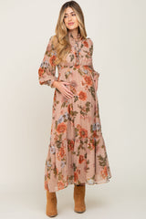 Mauve Floral Chiffon Ruffle Accent Maternity Dress