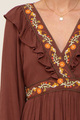 Brown Floral Embroidered Ruffle Maxi Dress