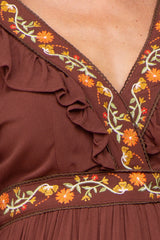 Brown Floral Embroidered Ruffle Maternity Maxi Dress