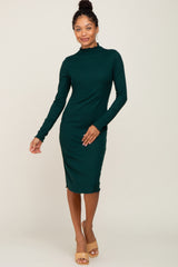 Forest Green Ribbed Mock Neck Lettuce Trim Maternity Midi Dress