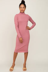 Mauve Ribbed Mock Neck Lettuce Trim Maternity Midi Dress