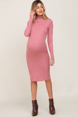 Mauve Ribbed Mock Neck Lettuce Trim Maternity Midi Dress