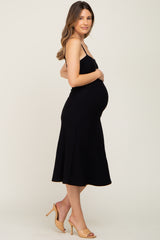 Black Ribbed A-Line Maternity Midi Dress