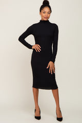 Black Ribbed Mock Neck Lettuce Trim Midi Dress