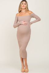 Taupe Ribbed Off Shoulder Long Sleeve Maternity Midi Dress