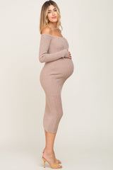 Taupe Ribbed Off Shoulder Long Sleeve Maternity Midi Dress