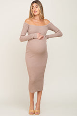 Taupe Ribbed Off Shoulder Long Sleeve Maternity Midi Dress