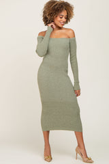 Sage Ribbed Off Shoulder Long Sleeve Maternity Midi Dress