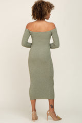 Sage Ribbed Off Shoulder Long Sleeve Midi Dress