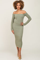 Sage Ribbed Off Shoulder Long Sleeve Midi Dress