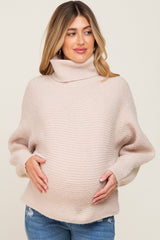 Beige Ribbed Turtleneck Cropped Maternity Sweater