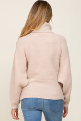 Beige Ribbed Turtleneck Cropped Maternity Sweater