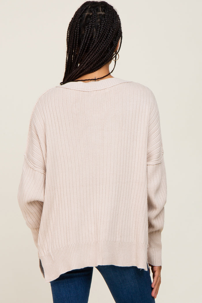 Beige V-Neck Oversized Sweater