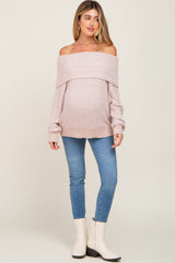 Beige Foldover Off Shoulder Maternity Sweater