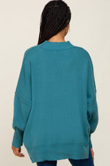 Teal Blue Mock Neck Exposed Seam Sweater