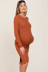 Rust Ribbed Basic Long Sleeve Maternity Midi Dress