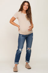 Navy Blue Distressed Open Knee Maternity Cuffed Jeans