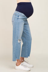 Light Blue Distressed Raw Hem Straight Maternity Jeans