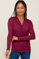 Dark Burgundy Long Sleeve Wrap Maternity Nursing Top