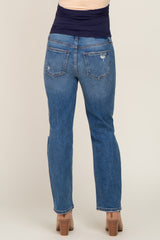 Blue Medium Wash Distressed Straight Maternity Jean