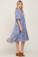 Blue Floral Puff Sleeve Tiered Midi Dress